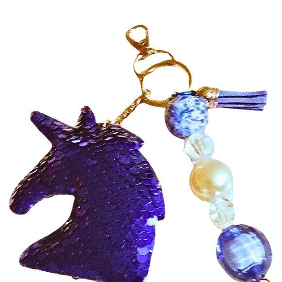 Sequin Unicorn Blue Plush Keychain, Tassel, Pearl Bead, Sparkly Purse Charm - Picture 1 of 1